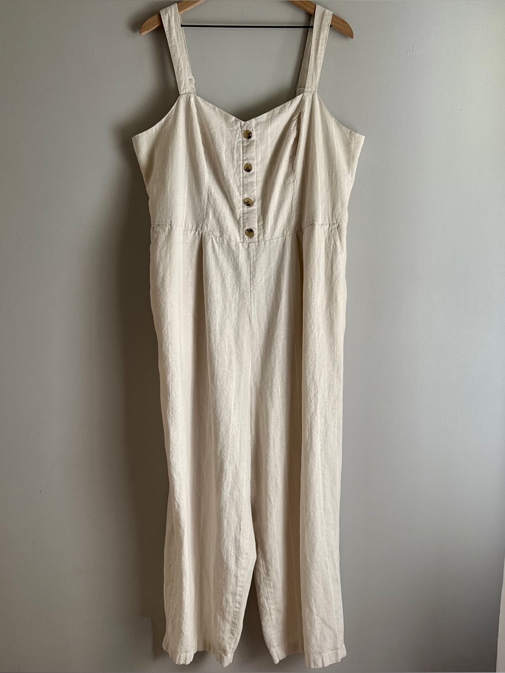 Old Navy Sleeveless Cream Striped Button-Front Linen Blend Jumpsuit Dress XXL